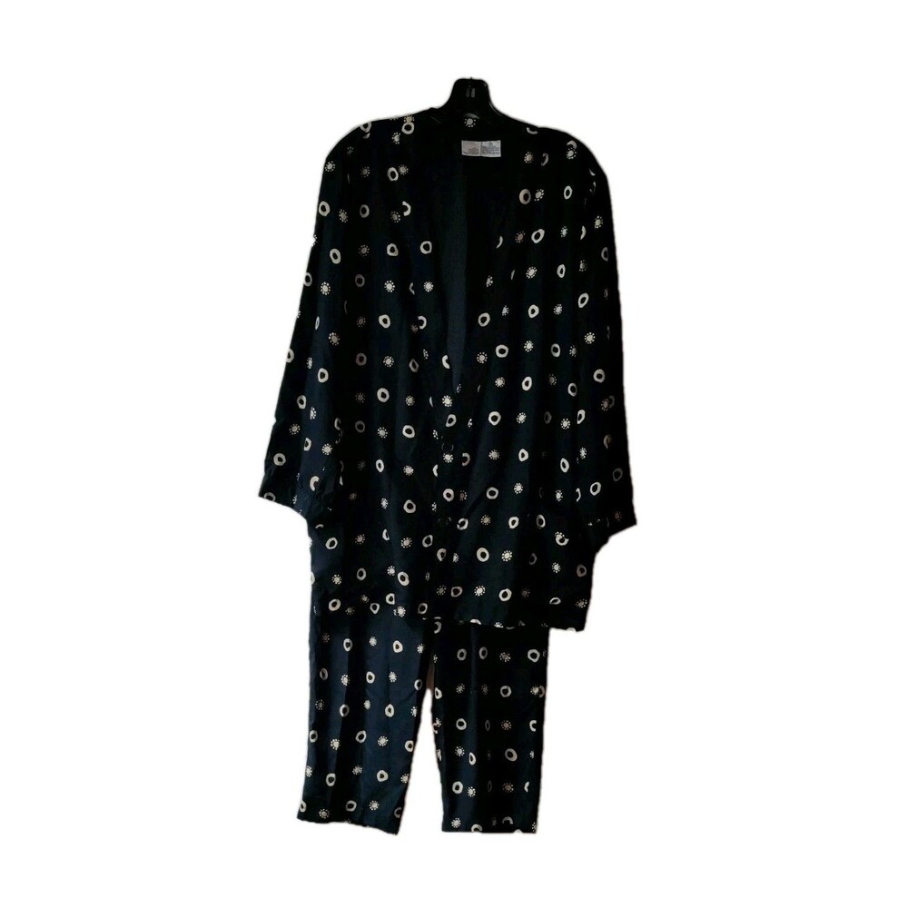 VTG Go Silk For L' Zinger 2-Piece Pantsuit Black & Beige Circle Print Women Sz 2